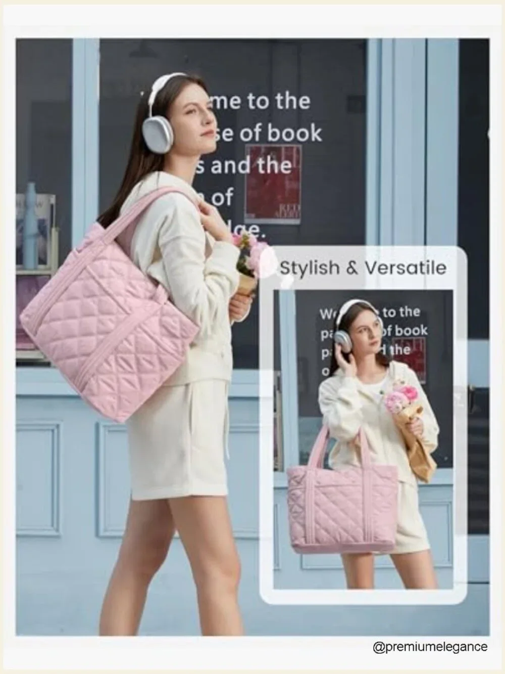 Puffer Tote Bag with Cup Holder, Work Handbag, Travel Carry On, 27L Capacity,